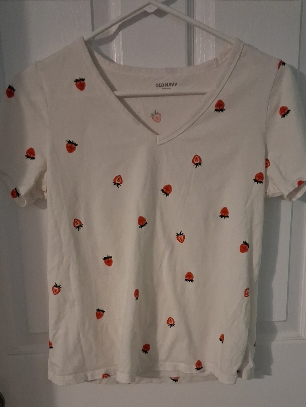 Old Navy White V-Neck Tee with Orange Strawberry Print
